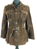 Vintage 1970s Suede Fitted Belted Dagger Collar Shirt Jacket in Dark Brown - Size UK 12