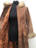 8  womens  Winter Coat  vintage  Urban Village Vintage  urban village  tan  Suede Jacket  Suede  sheepskin collar  Sheepskin  shearling  retro  quilted lining  quilted  pockets  long sleeve  Jacket  hippy  hippie  highway  coat  button down  brown  60s  1960s