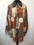 womens  western  vintage  S  poncho  penny collar  patchwork  navajo  Multi  leather  hooded  hippy  fringed  cream  coat  cape  brown  boho  bohemian  70s  60s  1970s  1960s urban village vintage