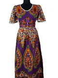 Vintage 1970s Short Sleeved Floral Print Maxi Dress in Purple - Size UK 10