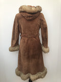 8  womens  Winter Coat  vintage  Urban Village Vintage  urban village  tan  Suede Jacket  Suede  sheepskin collar  Sheepskin  shearling  retro  quilted lining  quilted  pockets  long sleeve  Jacket  hippy  hippie  highway  coat  button down  brown  60s  1960s