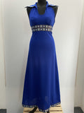studio 54  disco  womens  vintage  royal blue  retro  party  open neck  open collar  norwegian  nordic  maxi dress  maxi  long dress  halter neck  halter  glam  festive  evening dress  dress  dagger collar  cobalt  blue  70s  1970s