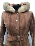 8  womens  Winter Coat  vintage  Urban Village Vintage  urban village  tan  Suede Jacket  Suede  sheepskin collar  Sheepskin  shearling  retro  quilted lining  quilted  pockets  long sleeve  Jacket  hippy  hippie  highway  coat  button down  brown  60s  1960s