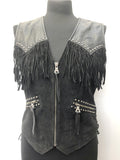 Vintage Jack Daniels Old No 7 Brand Leather & Suede Fringed Waistcoat Black - Size 10 / 12