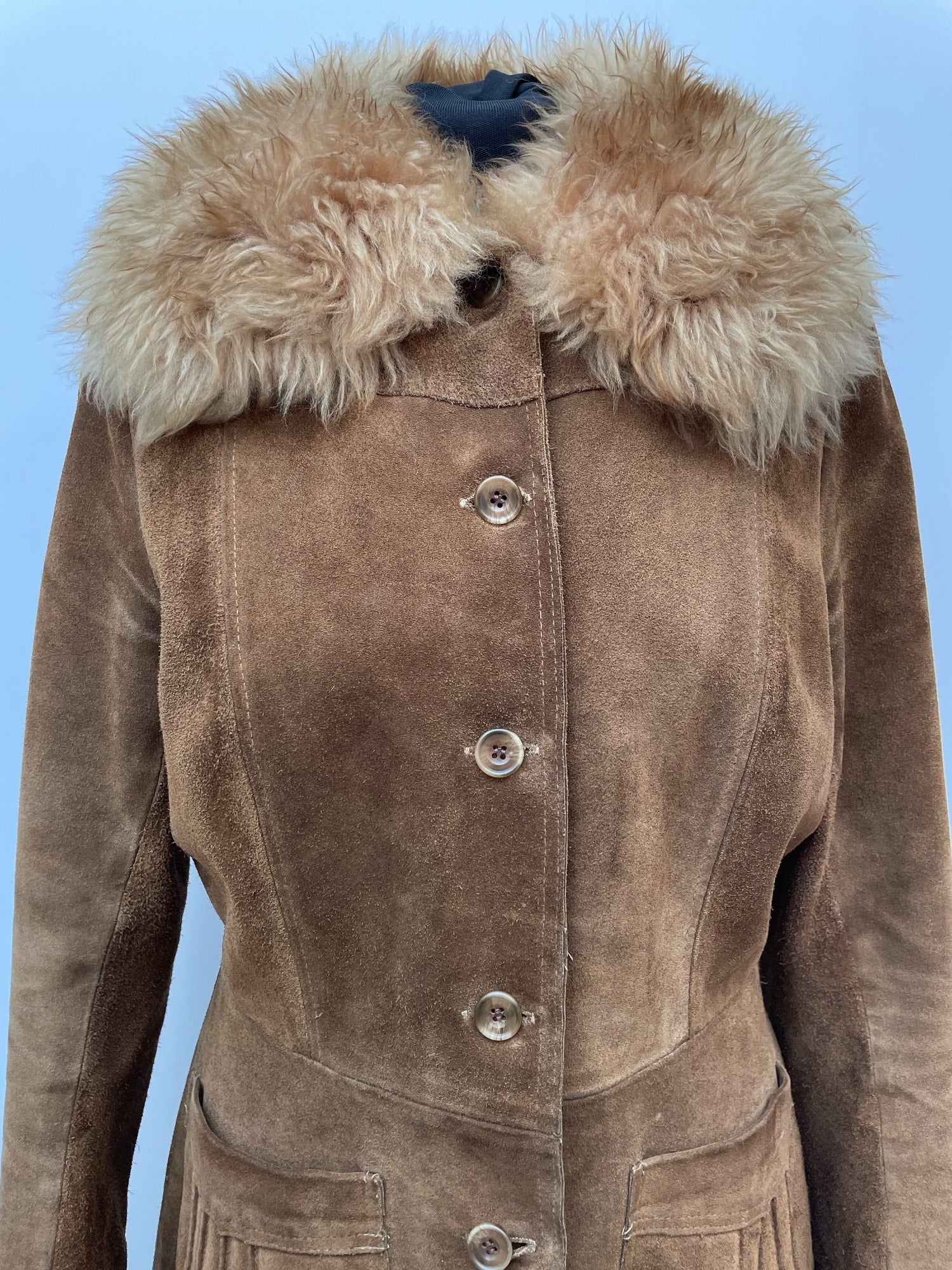 womens  Winter Coat  vintage  Urban Village Vintage  urban village  tan  Suede Jacket  Suede  sheepskin collar  Sheepskin  shearling  retro  quilted lining  quilted  pockets  long sleeve  Jacket  hippy  hippie  highway  coat  button down  button  brown  60s  1960s  16