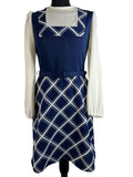 Vintage 1960s Balloon Sleeve Check Belted Dress in Navy Blue and White - Size UK 10