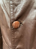 wooden buttons  Winter Coat  winter  vintage  Urban Village Vintage  urban village  soft leather  Sherpa  pockets  mens  M  long sleeve  Leather Jacket  Leather Coat  Leather  Jacket  collar  button down  button  brown leather  brown  belted dress  70s  1970s