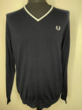 Fred Perry Reissues 100% Wool V-Neck Jumper in Navy Blue - Size L