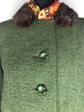 wool coat  wool  womens  vintage  Urban Village Vintage  urban village  striped  short  Jacket  Green  cropped  crop jacket  coney fur collar  Coney Fur  coney  collar  big collar  50s  1950s  12  100% Wool