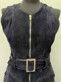 zip front  zip  womens  waist belt  vintage  Urban Village Vintage  urban village  summer dress  Suede  sleevless  pockets  Navy  mini dress  mini  front pockets  dress  belted dress  8  60s  1960s