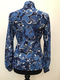 womens shirt  womens  vintage  Urban Village Vintage  urban village  Shirt  psychedelic  psych  printed shirt  patterned  patterened  long sleeve  hippy  hippie  floral shirt  evening blouse  dagger collar  collar  button  blue  blouse  big collar  70s  70  1970s