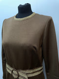 womens  vintage  Urban Village Vintage  urban village  retro  polyester  MOD  maxi dress  gold  evening dress  dress  brown  Belted waist  belted dress  60s  1960s  14  12/14  12