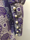 womens  vintage  stitch detail  retro  purple  print dress  pearl button  MOD  high neck  dress  button sleeve  back zip  60s  1960s  10
