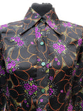 womens shirt  womens  vintage  Urban Village Vintage  urban village  Shirt  printed shirt  patterned  patterened  multi  long sleeve  hippy  floral shirt  floral print  floral  dagger collar  collar  blouse  black  big collar  70s  1970s  10