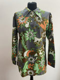 1960s Dagger Collar Psychedelic Floral Print Long Sleeve Tunic Top - Size 14-16