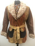 Rare 1970s Suede Patchwork Jacket with Faux Fur Collar and Cuffs - Size 14