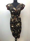 1950s Floral Print Wrap Front Dress in Brown - Size 12