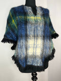 wool  winter  waistcoat  vintage  V-Neck  Urban Village Vintage  short cape  S  mohair  made in Scotland  Craig-Na-Creidhe  checked  check  cape  blue  black fringing  autumnal  autumn  70s  70  1970s