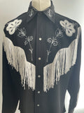 xl  white embroidery  western wear  western shirt  western  vintage  Urban Village Vintage  urban village  Ranchwear  press stud fastening  press stud  pearl snap fastening  pearl snap  pearl button  mens  hearc  floral trim  floral embroidery  floral  embroidery detail  embroidery  embroidered pattern  Embroidered  collared  collar  California Ranchwear  black  big collar  70s  1970s