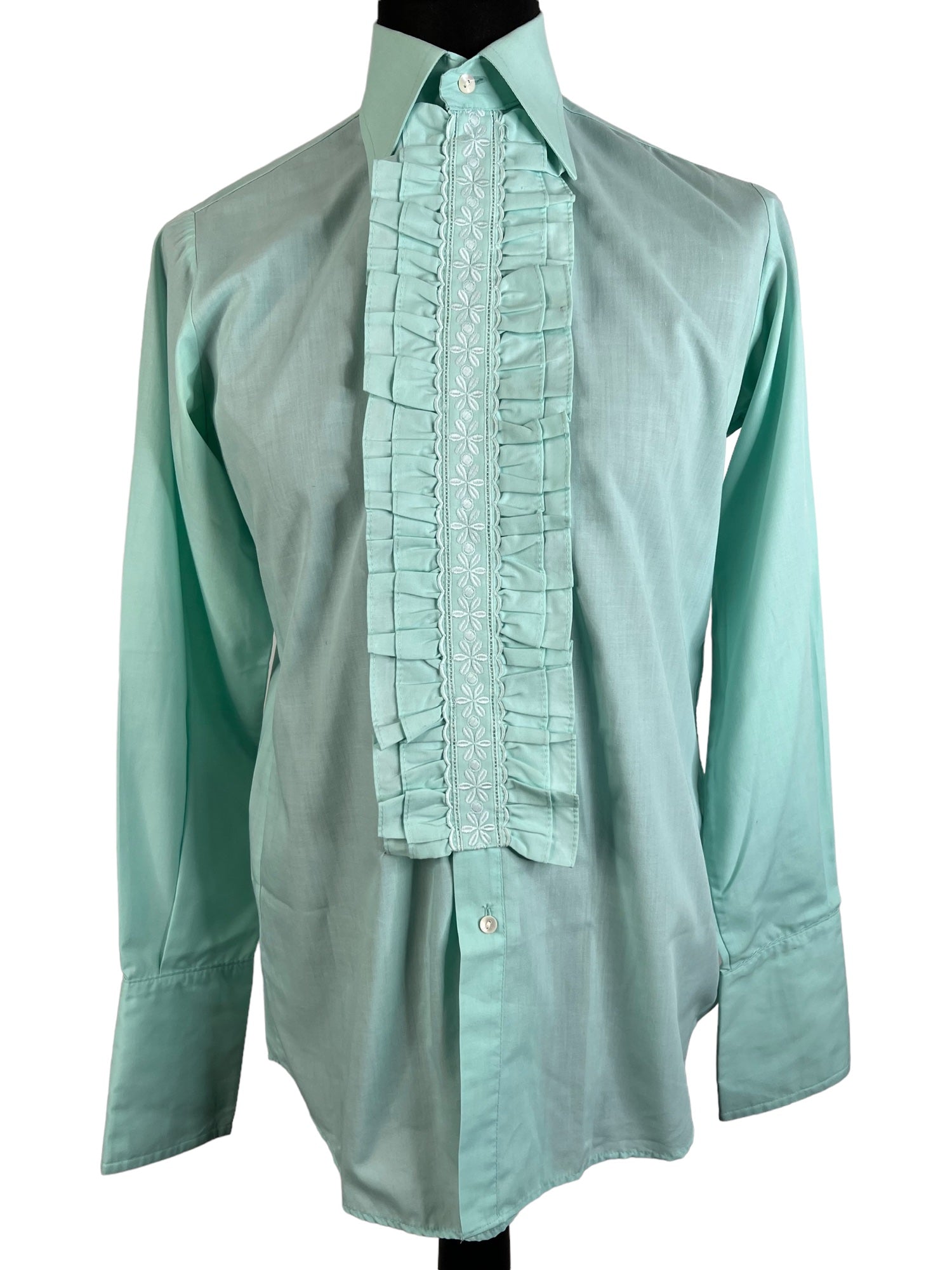 Vintage 1970s Ruffle Tuxedo Embroidered Cufflink Shirt in Mint