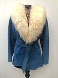 Rare 1970s Suede Jacket with Sheepskin Collar in Electric Blue - Size 10