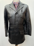 vintage  Urban Village Vintage  urban village  S/M  s  pockets  mens  M  long sleeve  Leather Jacket  Leather  lapels  front pockets  chest pockets  Black Leather  Black Jacket  black  Belted waist  belted jacket  belted  belt  70s  1970s
