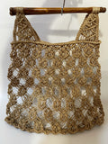 1970s Vintage Macrame String Shopper Bag with Wooden Handles