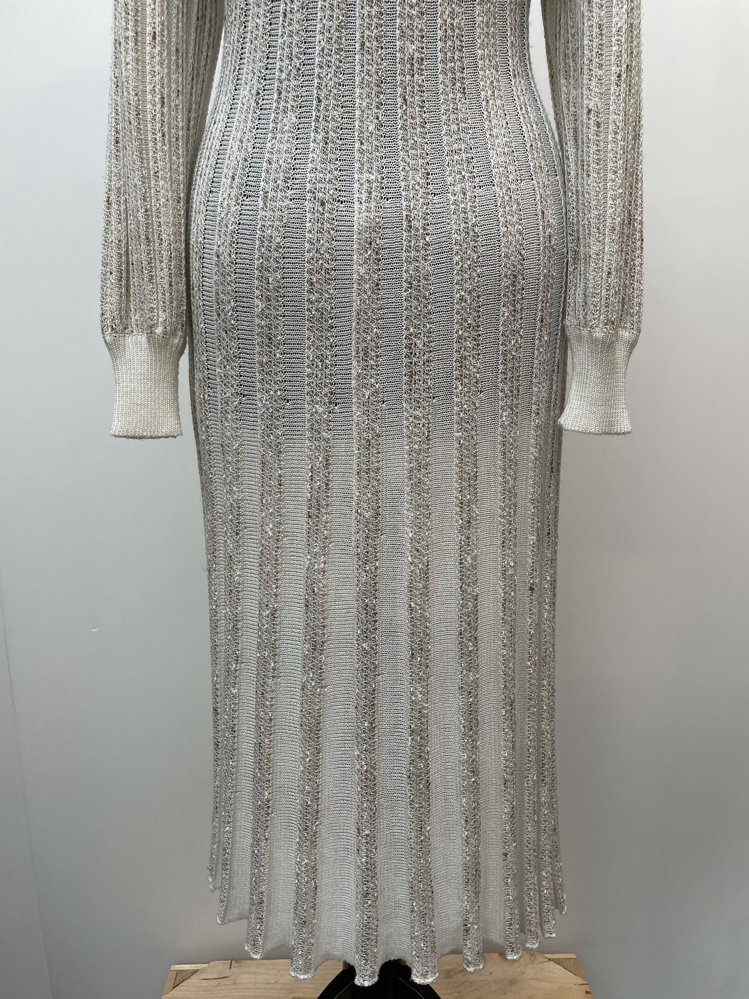 womens  white  vintage  Urban Village Vintage  urban village  tricoville  stretch fabric  sheer  semi sheer  patterned dress  patterned  maxi dress  maxi  long sleeve  light knit  knitwear  knitted  knit dress  knit  elasticated  dress  button up  button  8  70s  1970s