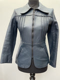 zip up  zip front  zip  womens  vintage  Urban Village Vintage  urban village  pockets  Navy  low cut  long sleeve  Leather Jacket  Leather  Jacket  fitted  collar  blue  big collar  Beagle collar  8  70s  1970s