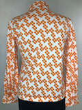 10  womens  white  vintage  top  print  orange  floral print  dagger collar  blouse  70s  1970s