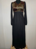 1970s Long Sleeve Black & Purple Velvet Belted Maxi Dress - UK 8