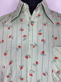 vintage  urban village  striped  stripe  Shirt  printed shirt  printed  print  pointed collar  MOD  Mens Shirts  mens  long sleeves  Long sleeved top  long sleeve  leaf  large  L  green  dagger collar  button  70s  1970s
