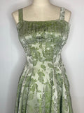 womens  vintage  urban village  swing dress  strappy. fitted  satin  rockabilly  retro  pleated. evening  party  midi dress  midi  green  glamorous  glam  full skirt  full circle  fitted waist  fit and flare  dress  cocktail  clothing  brocade