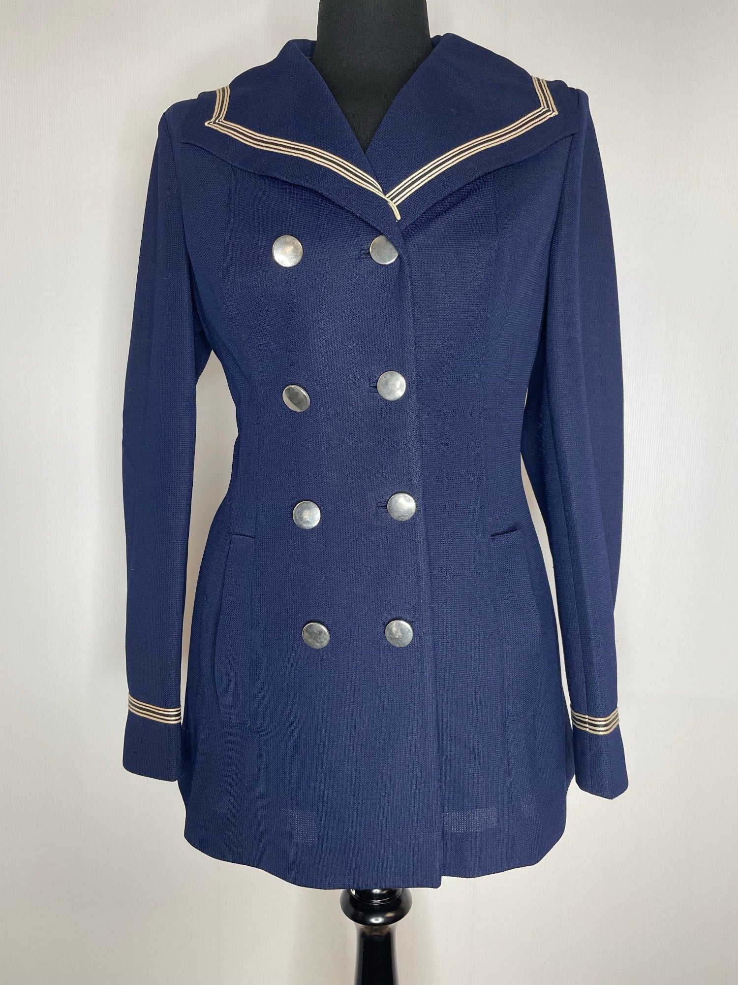 1960S NAVY BLUE MOD DOUBLE BREASTED SAILOR JACKET - UK 10