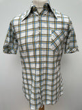 white  vintage  Urban Village Vintage  urban village  short sleeved  short sleeve  Shirt  mens  M  international style  dagger collar  collar  chest pockets  checkered  checked  check shirt  check  button down  button  big collar  70s  1970s