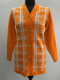 Womens 1970s Bright Orange Check V-Neck Knit Cardigan - Size UK 10-12