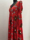 womens  vintage  v neck  Urban Village Vintage  scoop neck  red dress  red  psychedelic  psych  maxi dress  low neck  long sleeve  long dress  floral dress  floral  festive  empire line  empire  dress  daisy print  daisy  christmas  70s  60s  1970s  10