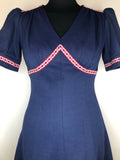 zip back  womens  vintage  Urban Village Vintage  urban village  summer  puff sleeve  navy  keynote  embroidered trim  dress  blue  8  60s  1960s