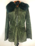 1970s Green Sheepskin Collar Suede Jacket by Suede & Leathercraft Ltd - Size UK 12