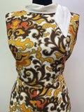 zip  womens  vintage  Urban Village Vintage  urban village  tie neck  sleevless  red  Paisley Print  paisley inspired  paisley  orange  neospun jersey  neck tie  MOD  midi dress  midi  high neck  Hamells London  dress  back zip  60s  1960s  14