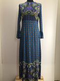 womens  vintage  Urban Village Vintage  Ridella  retro  purple  print dress  midi  maxi dress  frill edge sleeve  dress  boho  bohemian  blue  70s  1970s