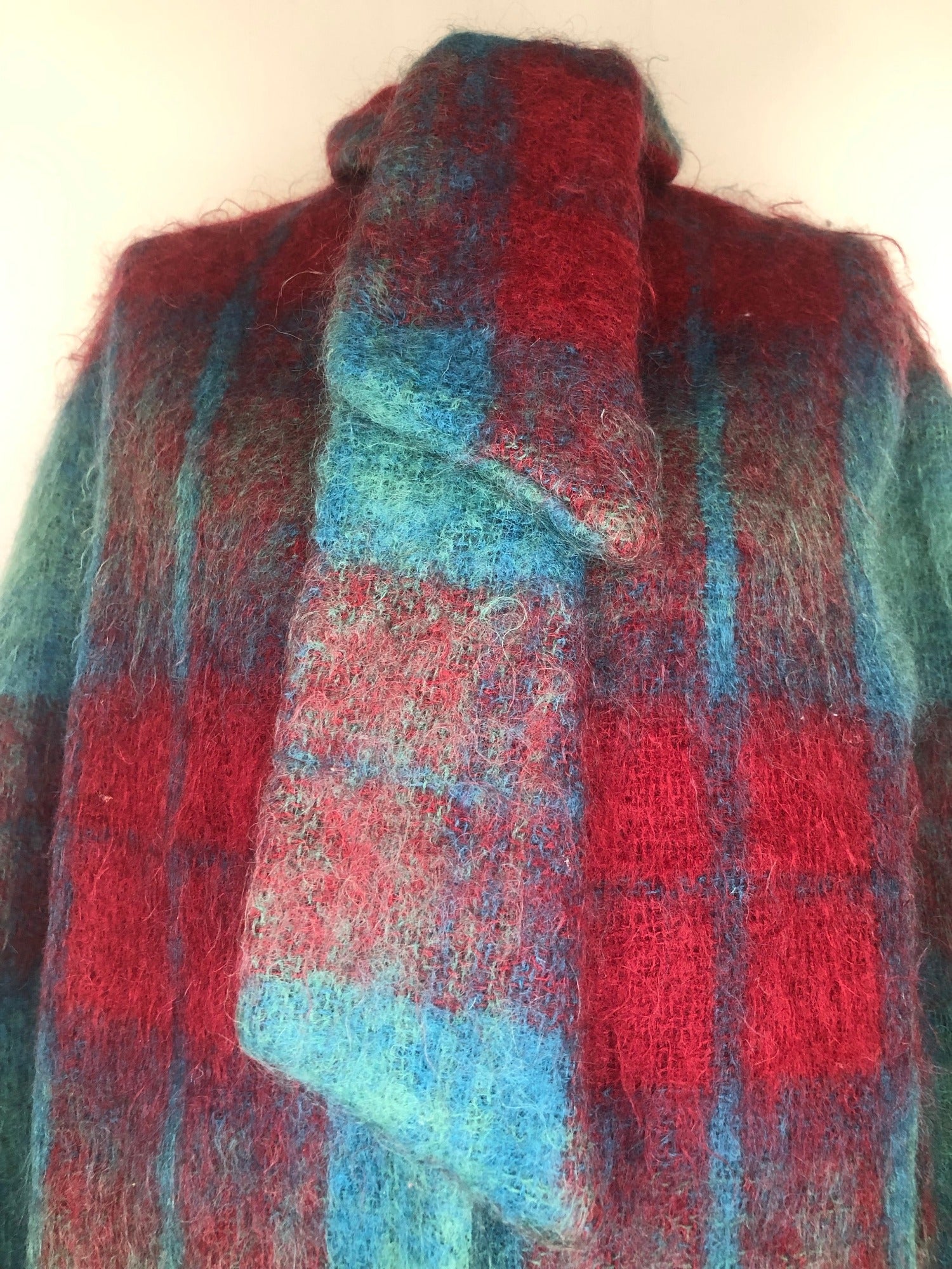 mohair  wool  womens  vintage  Urban Village Vintage  tunic  Strathay Originals  S  red  checked  check  cape  blue  60s  1960s