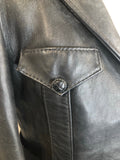 vintage  Urban Village Vintage  urban village  swear and wells  safari  s  pockets  mens  long sleeve  Leather Jacket  Leather  front pockets  chest pockets  Black Leather  Black Jacket  black  Belted waist  belted jacket  belted  belt  70s  1970s