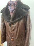 wooden buttons  Winter Coat  winter  vintage  Urban Village Vintage  urban village  soft leather  Sherpa  pockets  mens  M  long sleeve  Leather Jacket  Leather Coat  Leather  Jacket  collar  button down  button  brown leather  brown  belted dress  70s  1970s