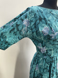 zip  womens  vintage  Urban Village Vintage  urban village  summer dress  shirt waist  midi dress  midi  floral print  floral dress  floral  dress  dolman sleeve  dolman  cotton  blue  8  50s  1950s