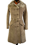 Vintage 1970s Sheepskin Collar Suede Coat in Beige by Suede and Leather Craft - Size UK 10