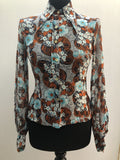 womens  vintage  Urban Village Vintage  top  orange  multi  floral print  dagger collar  Blue  blouse  8  70s  1970s