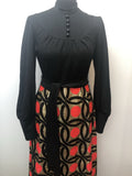 womens vintage Red patterned maxi dress lurex long sleeves long dress gold metallic dress black balloon sleeves 8 60s 1960s urban village vintage