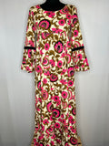 Vintage 1970s Floral Print Bell Sleeve Maxi Dress in Cream and Pink - Size UK 10