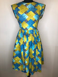 1950s Square Print Dress in Blue and Green - Size UK 10